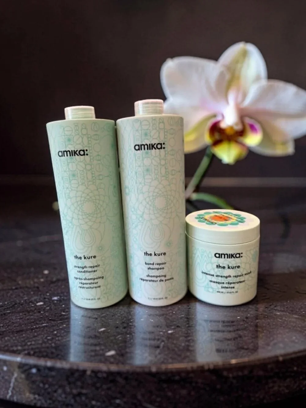 Amika The Kure Bond Repair Trio Shampoo Conditioner Mask 16.9 oz